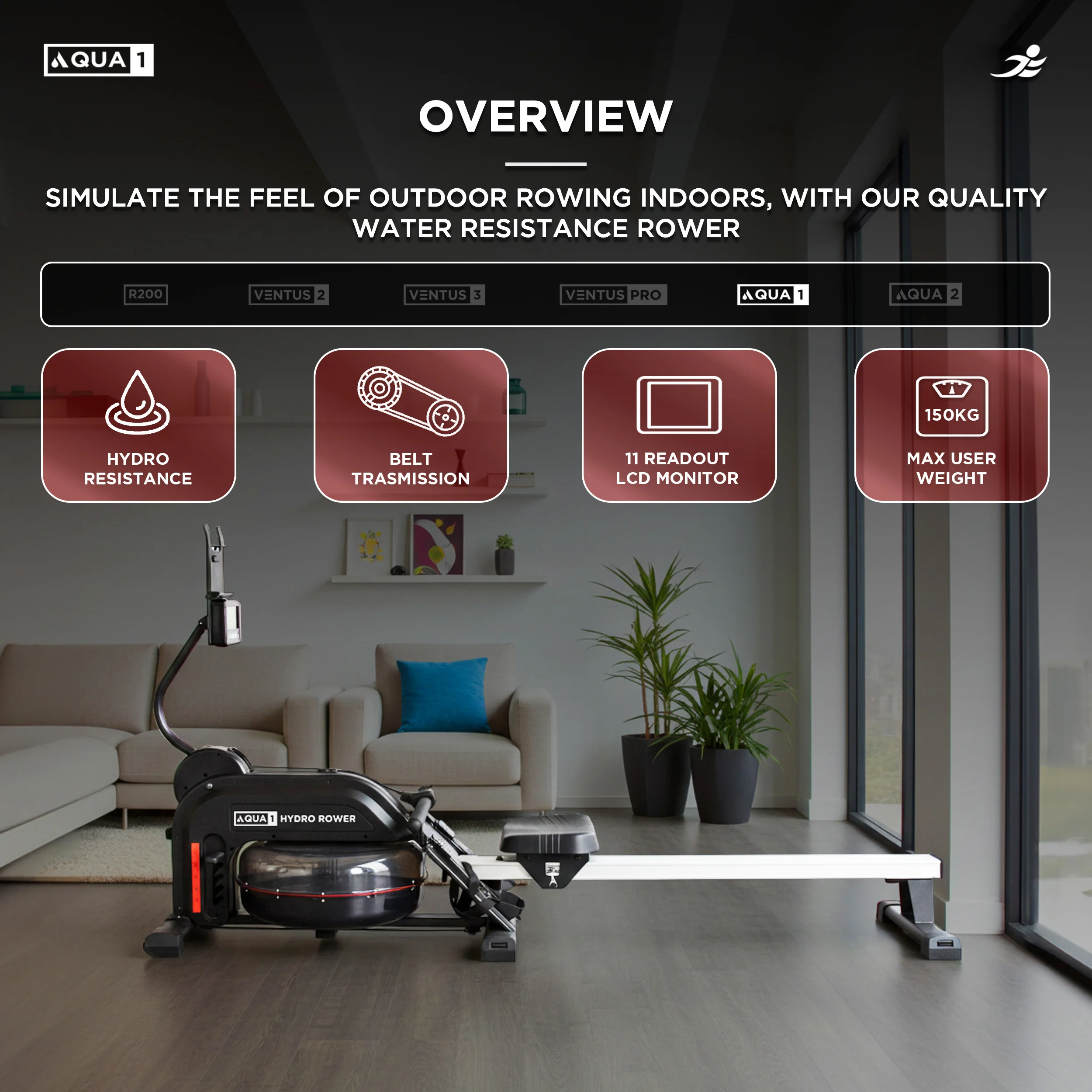 Aqua 1 Water and Elastic Dual Resistance Rowing Machine - Image 3