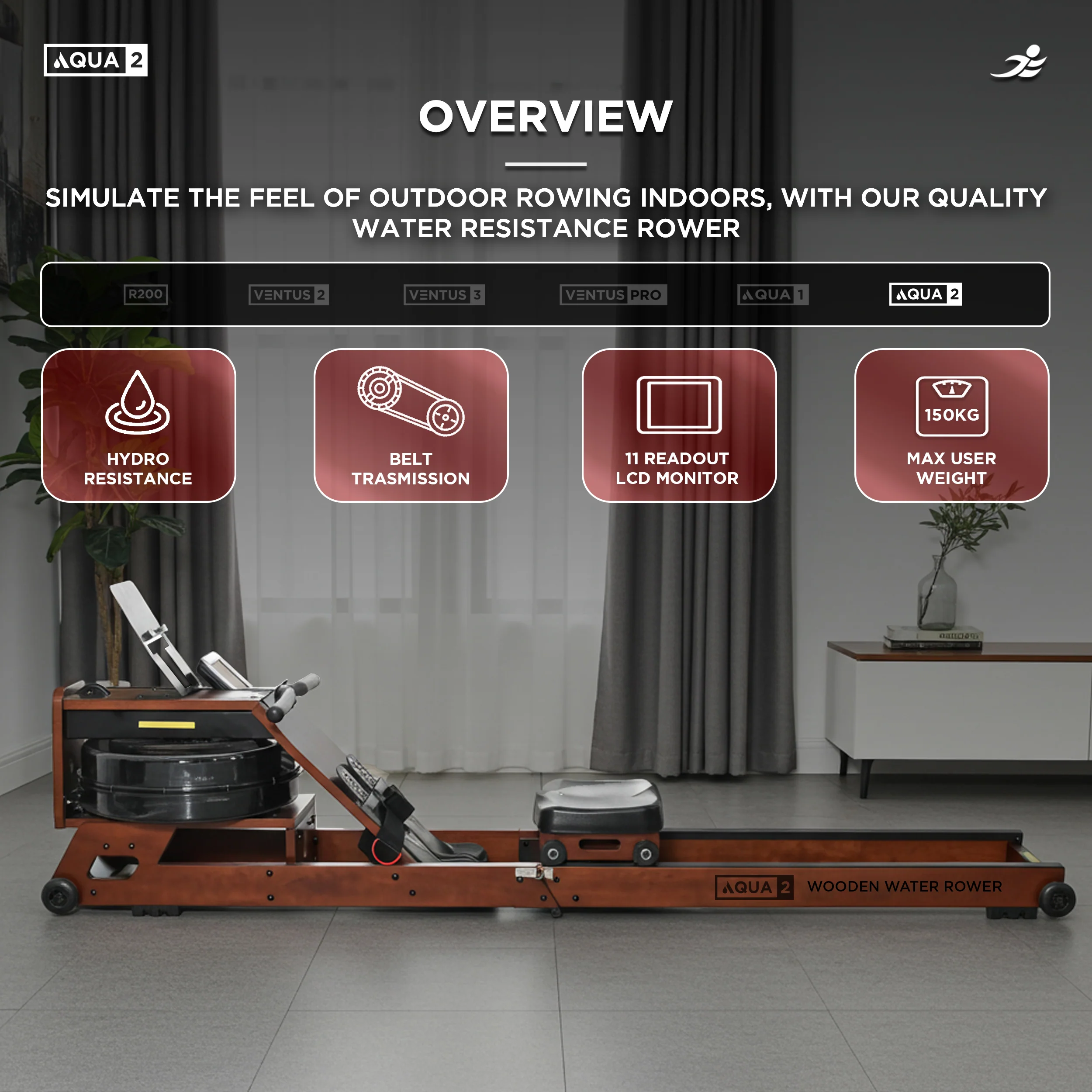 Aqua 2 Foldable Water Resistance Wooden Rowing Machine - Image 4