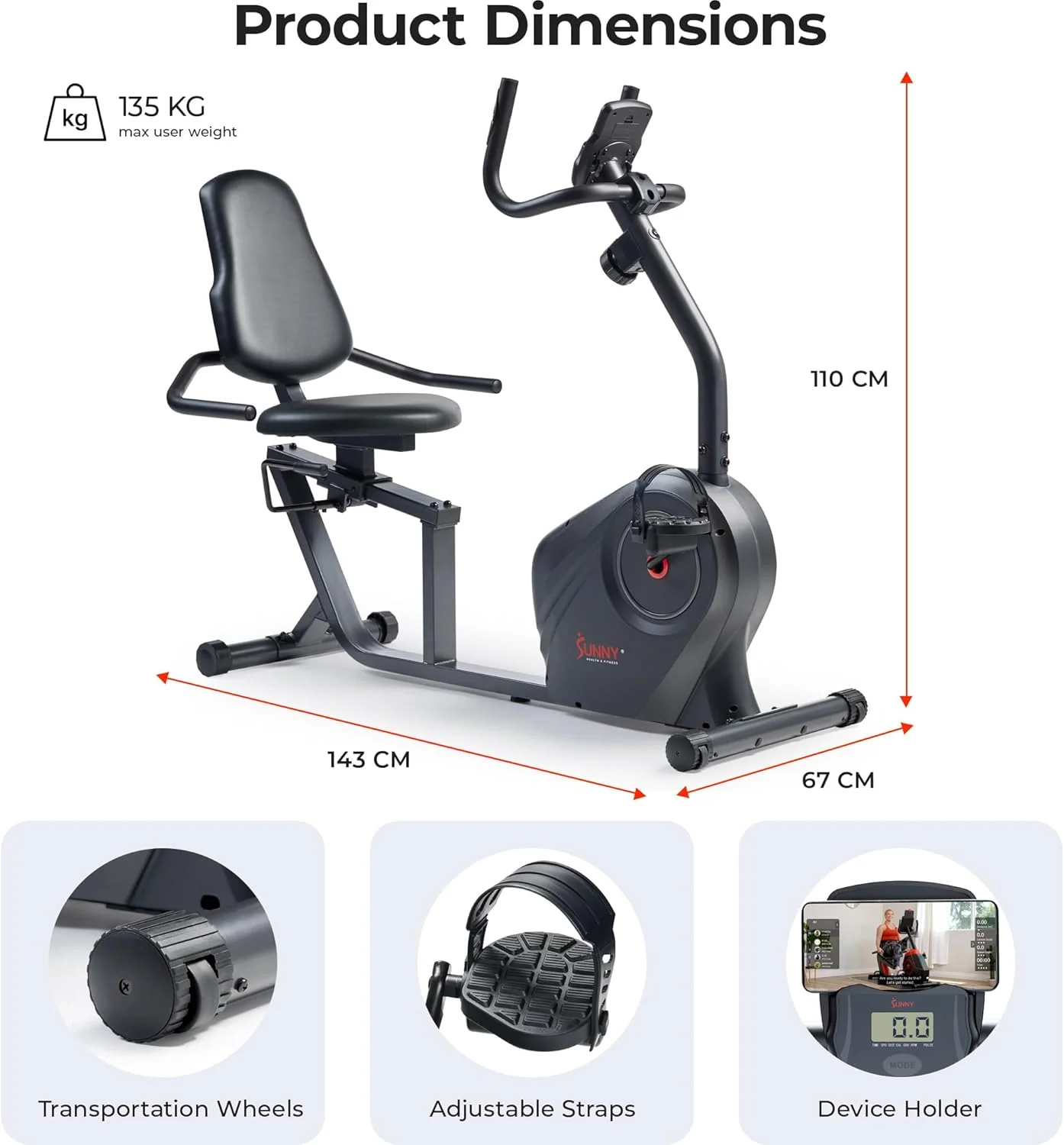 Heavy-Duty Recumbent Bike w/Wide Cushioned Seat & Back - Image 7
